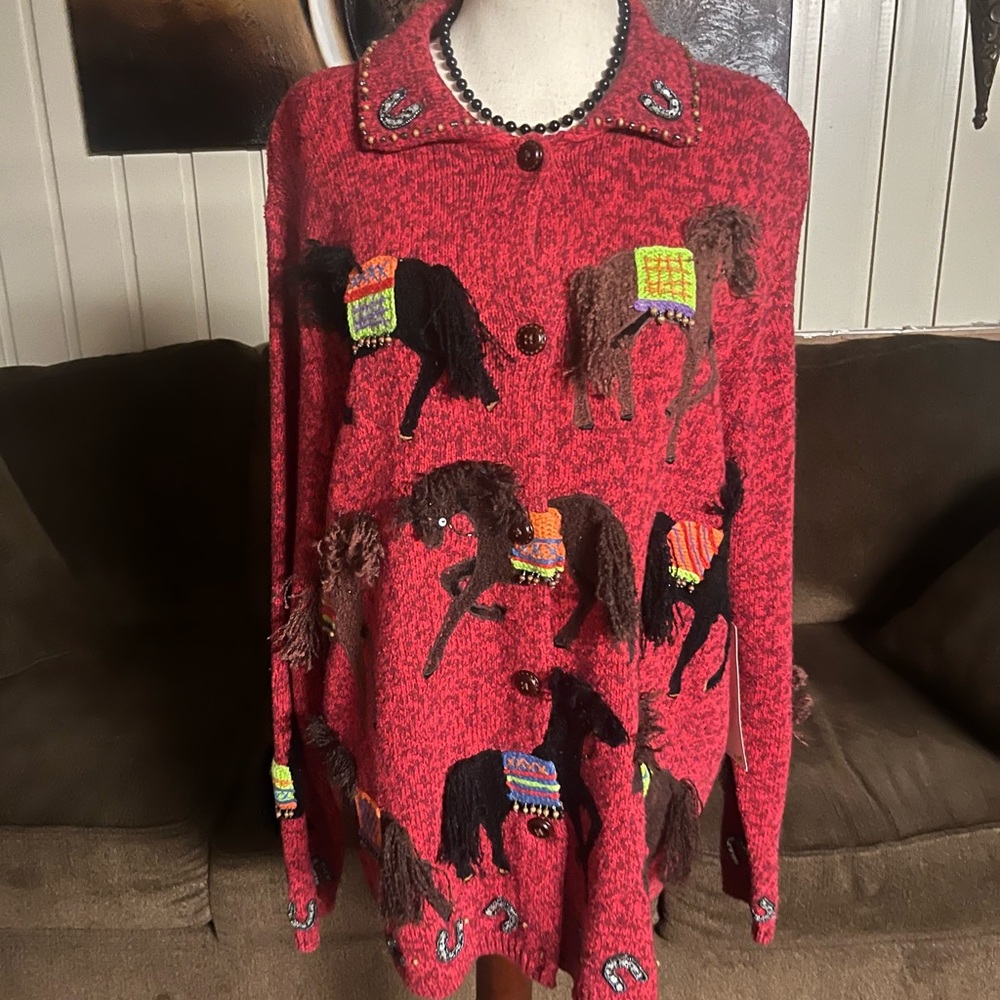 Designs Options By Gordon ~ X-Large ~ Red/Brown ~ Western/ Horse ~ Sweater ~ New - Picture 2 of 16